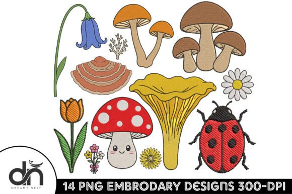 14 Tiny Mushroom Floral Embroidery PNG