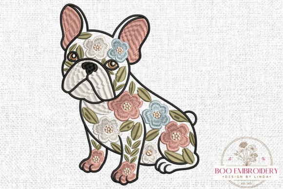 Floral French Bulldog Embroidery