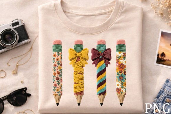 Floral Pencil Bow Embroidery Patch PNG