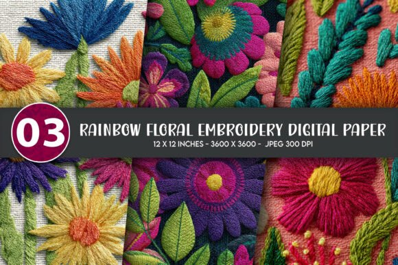 Rainbow Floral Embroidery Digital Paper