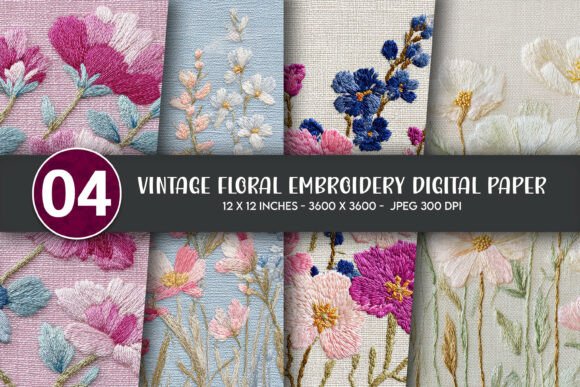 Vintage Floral Embroidery Digital Paper